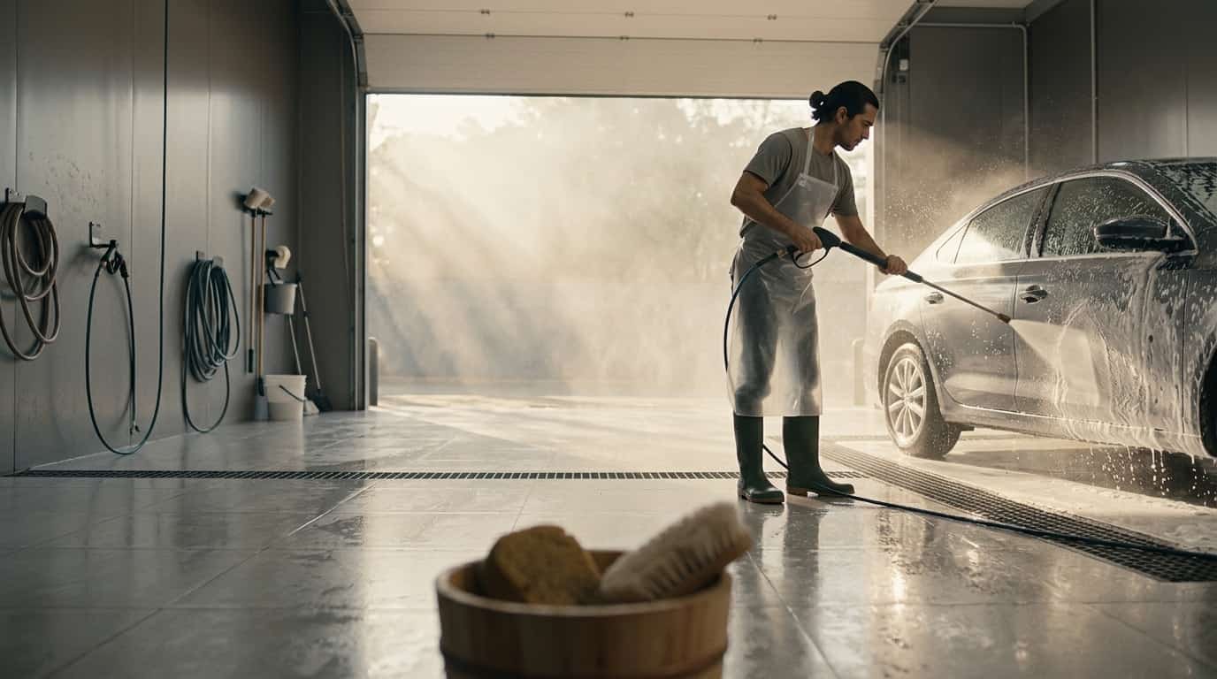 Lavador con hidrolavadora enjuagando la espuma de un auto en un box de lavado