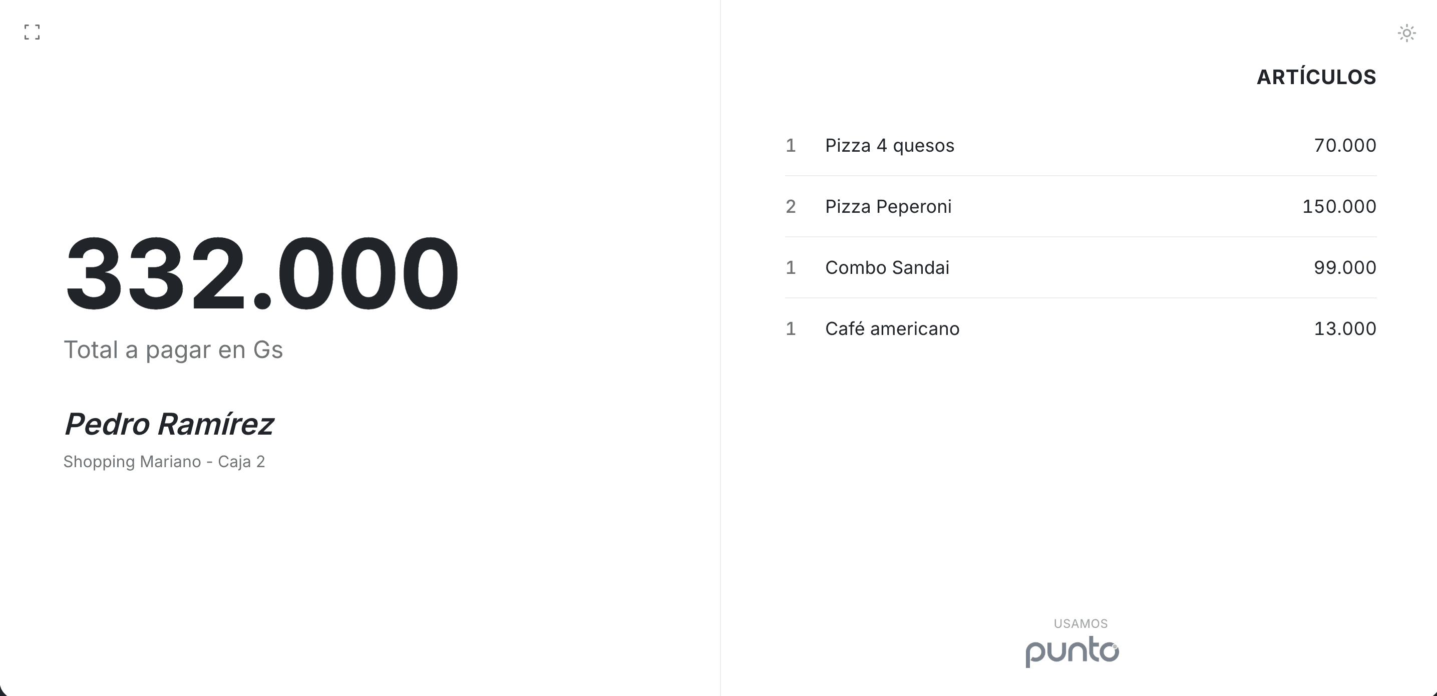 Pantalla del cliente de Punto mostrando el total y los artículos