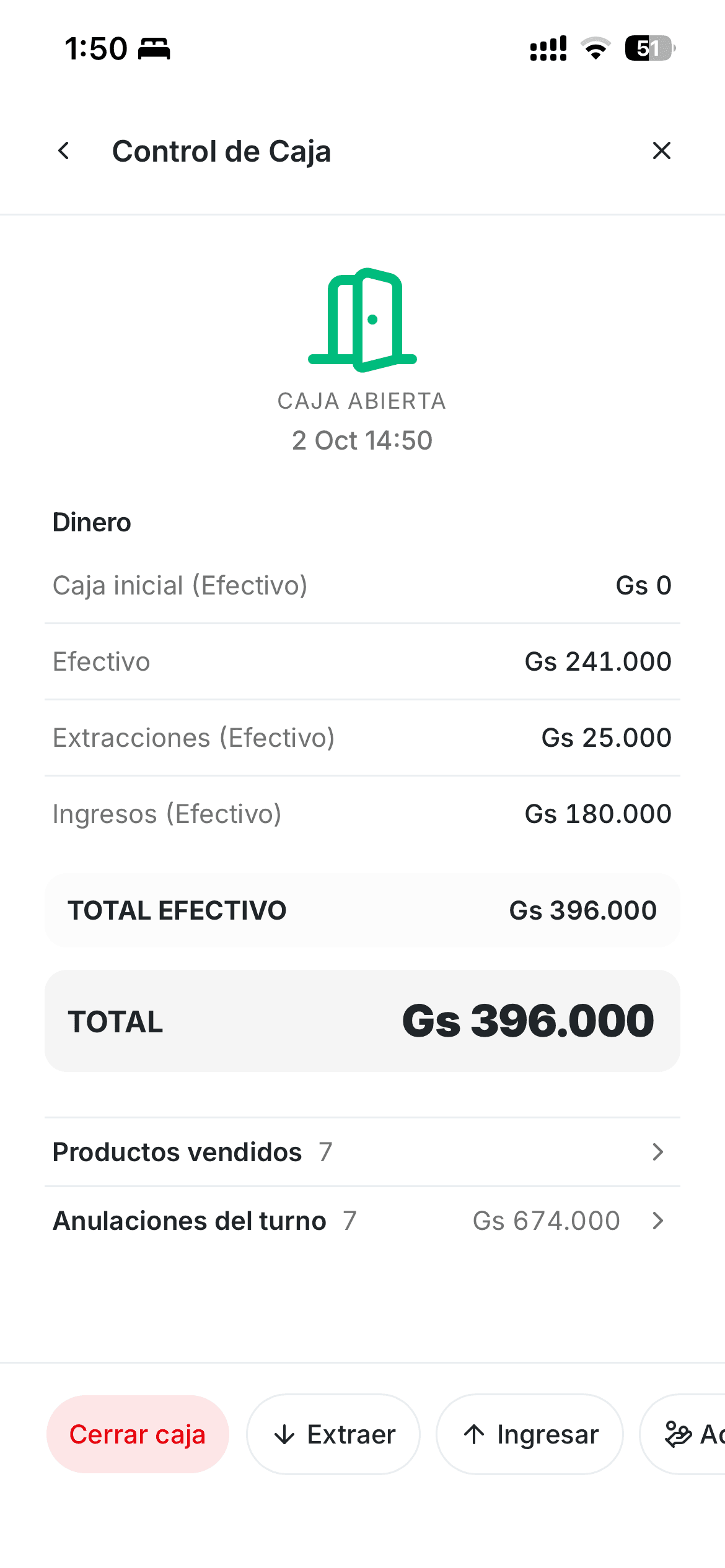 Control de caja en el celular: efectivo, extracciones, ingresos y total del turno