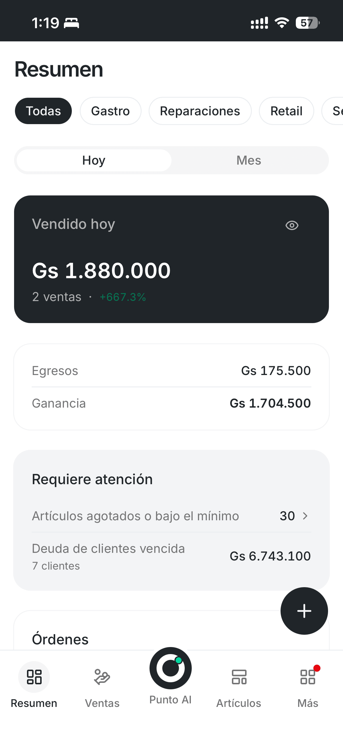 Resumen del negocio en el celular: lo vendido hoy, egresos, ganancia y lo que requiere atención